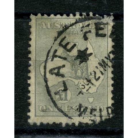 Australia 1935-36 £1 Grey, die IIB, CofA wmk, cds used, corner damaged. SG137