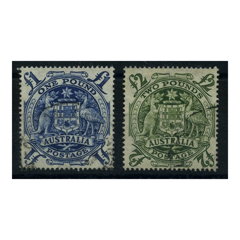 Australia 1948-56 £1, £2 Top value definitives, fine cds used. SG224c-d