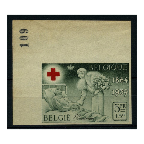 Belgium 1939 5f+5f Red Cross, imperf, ungummed, numbered specimen. Minor tone. SG846s