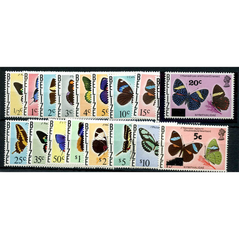 Belize 1974-76 Butterflies set to $10, less the 26c, u/m and $10 cds used, w 2 surch vals. SG380-95+