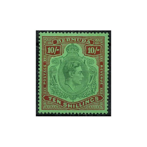 Bermuda 1938-53 10/- Green & deep lake/pale emerald usual toned gum, m/m SG119