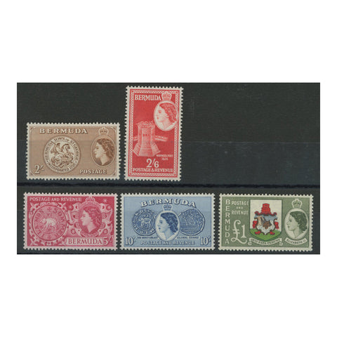 Bermuda 1953-62 2/- to £1 Definitive top vals, lightly mtd mint. SG146-50