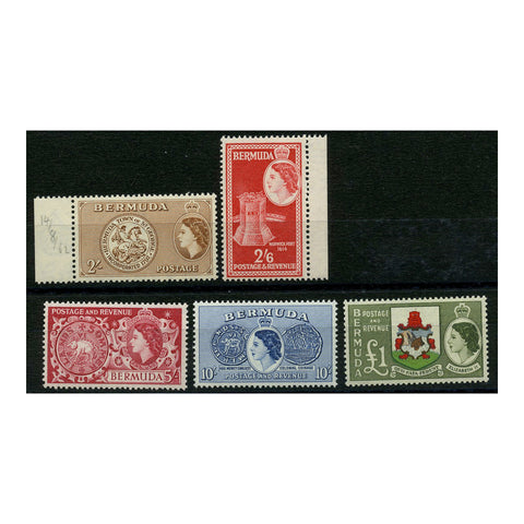 Bermuda 1953-62 2/- to £1 Definitive top vals, u/m. SG146-50