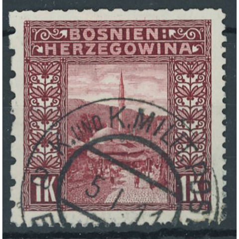 Bosnia 1906 Pictorial 1k Perf. 121/2 x 9 Bosb1/2 x	61/2, fine cds used.	A wonderful example for the type, and very scarce. SG199E