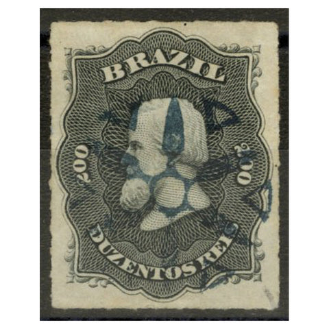 Brazil 1877 200r Black, rouletted, very fine example used with superb, blue 'fancy cancel.' SG55