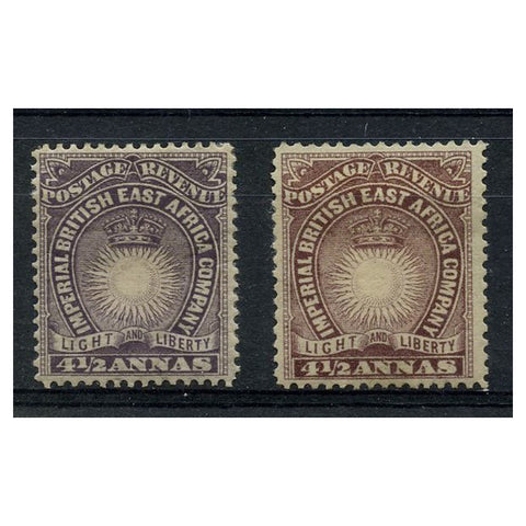 BEA 1890-95 4½a Dull purple & Bright purple (heavy mounts), both mtd mint. SG11+a