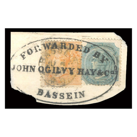 Burma 1867 4a, 2a Indian defins used on fragment with 'John Ogilvy Hay & Co' forwarding mark. SG63