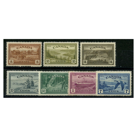 Canada 1946-47 Peace set to $1+ 7c air (7v) mtd mint. SG401-07
