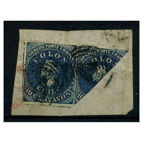 Chile 1861 10c Deep-blue, horiz pair, 1 diagonally bisected (used as 5c), tied to fragemnt. SG32d