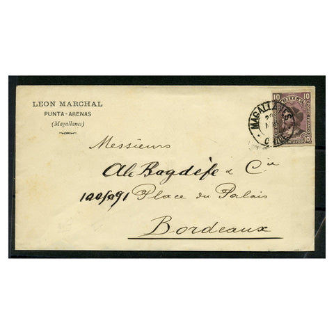 Chile 1902 10c Deep-lilac definitive, used on cover to France, tied with MAGALLANES cds. SG78