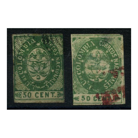 Colombia 1865 50c Green, both types (B thinned), good to fine used. SG36-37