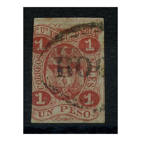 Colombia 1866 1p Carmine, 3 margins, good to fine used. SG48a