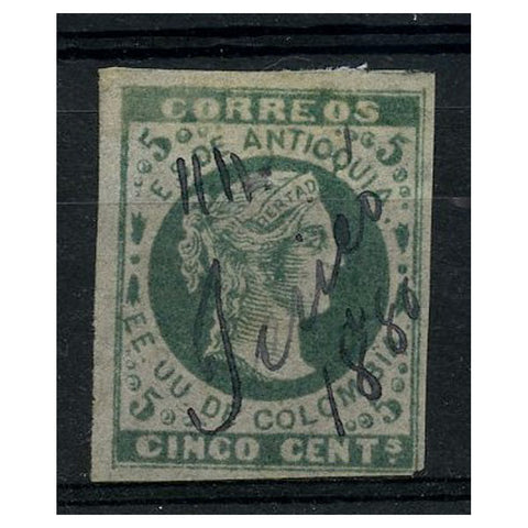 Colombia 1879 5c Green on pelure paper, fine pen cancel used. 4 Margins, one touching. SG31