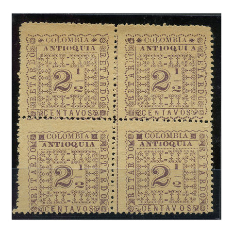 Colombia 1901 2.5c Late fee provisional / wove paper, in se-tenant block of 4, inc all types. SG137a