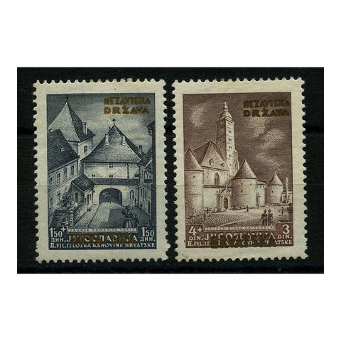 Croatia 1941 Zagreb castle pair ovptd, mtd mint, minute tone. SG26-27