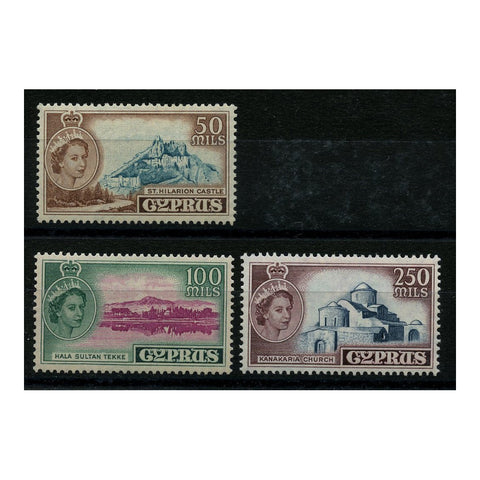 Cyprus 1955-60 50m-250m Pictorial definitives, lightly mtd mint. SG183-85