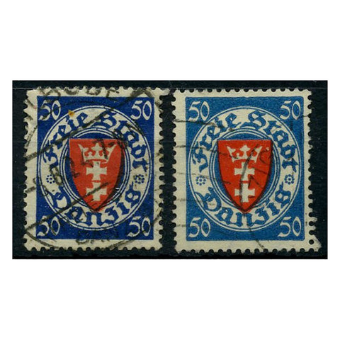 Danzig 1924-28 50pf Red & deep-blue, as well as unlisted bright blue variety, both cds used. SG190+v