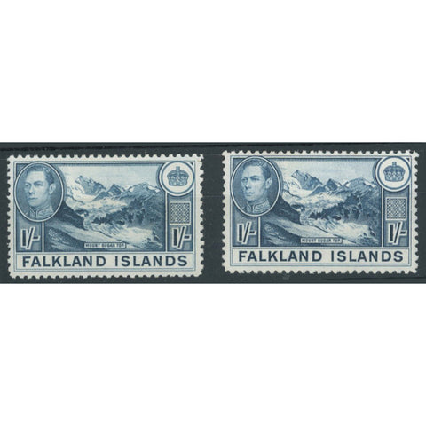 Falkland Is 1938-50 1/- Mt. Sugar, both dull greenish-blue and dull blue, fine mtd mint. SG158a+b