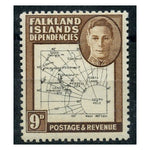Falkland Is Dep 1946-49 9d Thin Map, DOT IN T variety, fine mtd mint. SGG15a