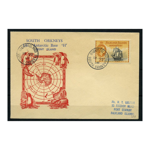 Falk Is Dep 1958 2-1/2d On cover with cachet from Signy Is research base to Port Stanley. SGG30