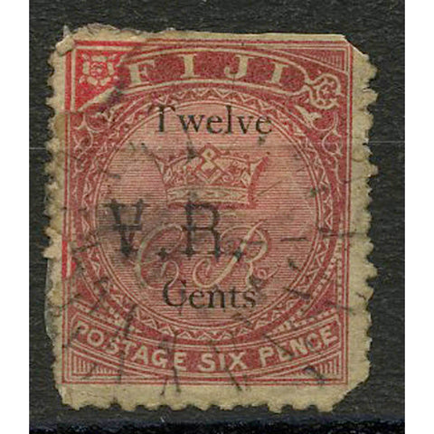 Fiji 1874 12d on 6d Rose, lightly used, heavily damaged / repaired, cat. £350. SG18