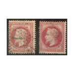 France 1863-70 80c Both shades, good to fine used, both displaying 'crack in value tablet.' SG121-22