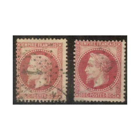 France 1863-70 80c Both shades, good to fine used, both displaying 'crack in value tablet.' SG121-22