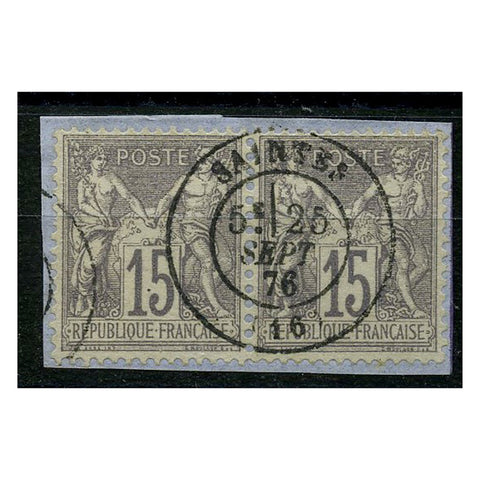 France 1876-85 15c Grey-black, horiz pair, cds used on small fagment. SG218