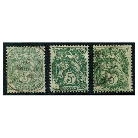 France 1900-24 All three shades of 5c, fine cds used. SG295-95c