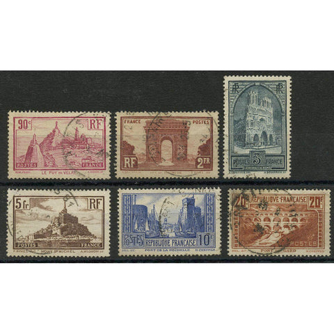 France 1929-33 Pictotrial definitive set, cds used, 20f creased. SG470a-75b