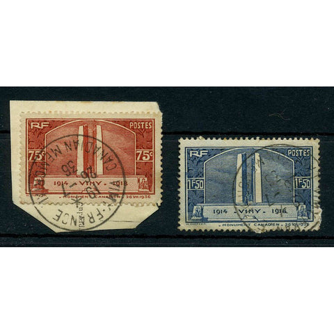 France 1936 Vimy Memorial, special first day cds used, 75c on fragment, both faulty. SG549-50