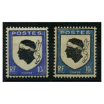 France 1946 10c Arms of Corsica definitive, background in blue rather than ultra variety, u/m, with normal 