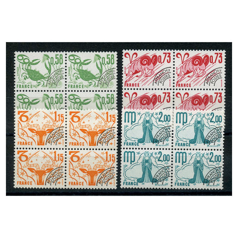 France 1977-78 58c, 73c, 1.15f, 2f Zodiac signs, pre-cancel blocks of 4, u/m. SG2165, 68, 71, 74