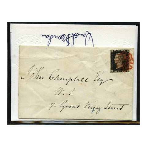 GB 1840 1d Intense-black, cut close, used with lovely Edinburgh red MX on folded entire. SG1