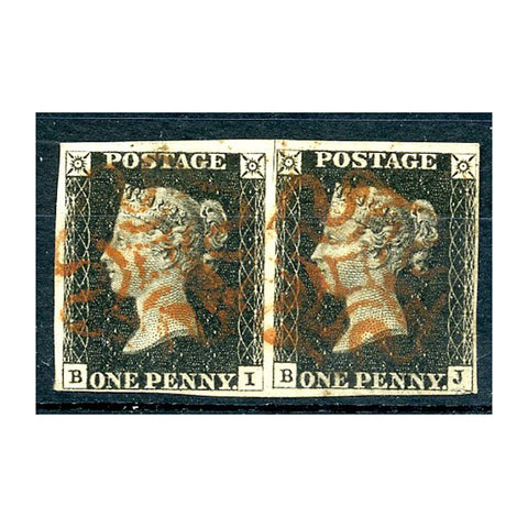1840 1d Black, horiz pair, plate 6, 4 margins, fine used with red MX cancels. SG2