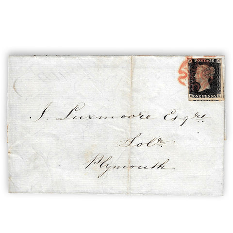 GB 1d Black (DK), superb 4 margin example tied with red MX on cover to Plymouth. SG2