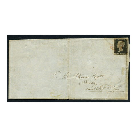 GB 1840 1d Black, near 3 margins, used on folded cover, tied with light red MX cancel. SG2