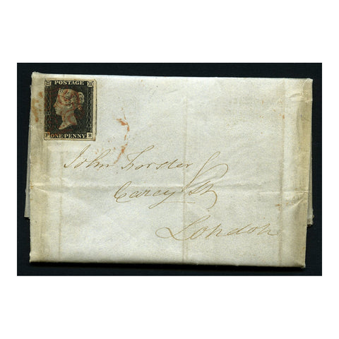 GB 1840 1d Grey-black (worn plate), 3 margins, used on cover with red Dublin type II MX. SG3