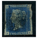 GB 1840 2d Deep, full-blue, 3 margins, black MX used, damaged at right. SG4