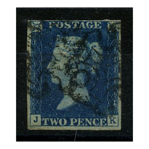 GB 1840 2d Deep, full-blue, just 4 margins, used with black MX cancels, small thin. SG4