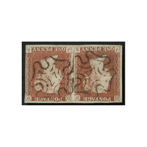 GB 1841 1d Red-brown, printed with Black plate 10, re-joined horiz pair, 4 margins, MX used. SG7
