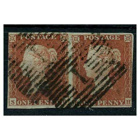 GB 1841 1d Red-brown, horiz pair, near 3 margins, used with '1' Aberdeen cancels. SG8