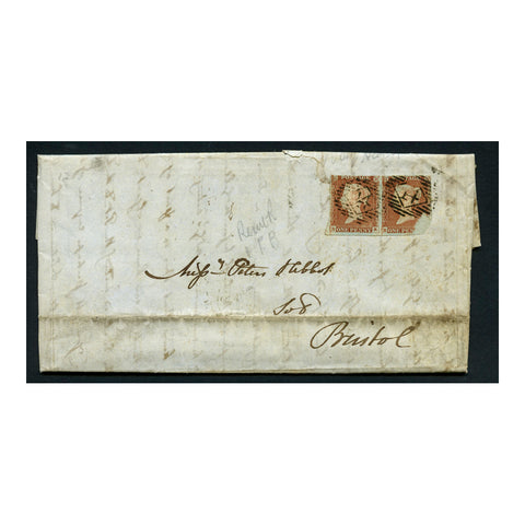 GB 1846 1d Red-brown, horiz pair, used on entire with black 1844 cancels. 1 Stamp damaged. SG8
