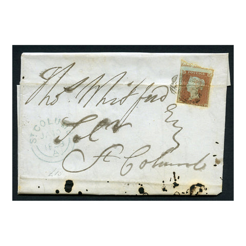 GB 1848 1d Red-brown, 2 margin exmpl retaining part marginal inscription, 1844 cancel on cover. SG8