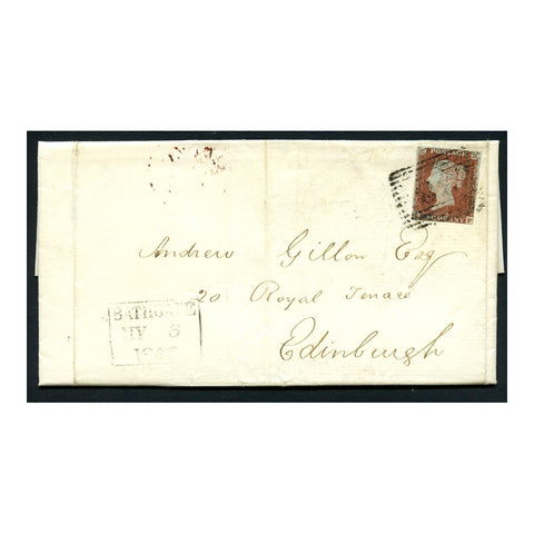 GB 1847 1d Deep red-brown, cut close, used on cover with black 1844 cancel & 'Bathgate' box. SG10