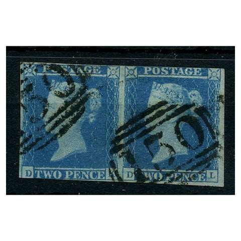GB 1841-51 2d Pale-blue, horiz pair, near 3 margins, used with 1844 cancels in black. SG13h
