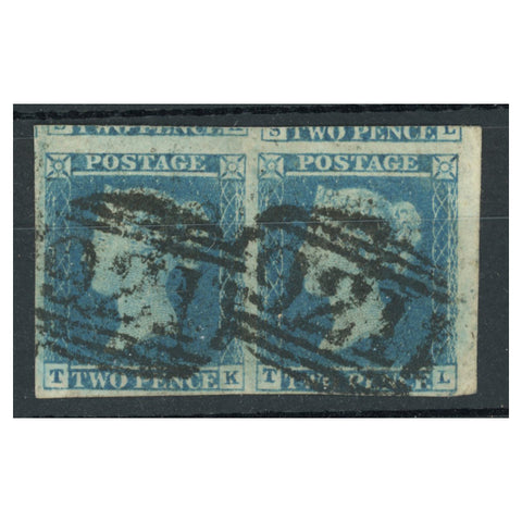 GB 1841 2d Pale-blue, horizontal pair, 4 margins, used with '921 cancels. SG13