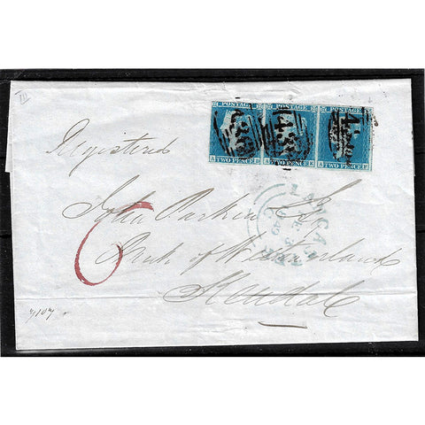 GB 1849 Strip of 3 x 2d pale-blue, used on cover to Kendal. SG13