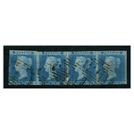 GB 1841-51 2d Blue, horiz strip of 4, near 2 margins, fine used with 1844 cancels in black. SG14h