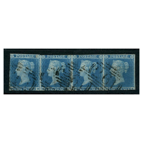 GB 1841-51 2d Blue, horiz strip of 4, near 2 margins, fine used with 1844 cancels in black. SG14h